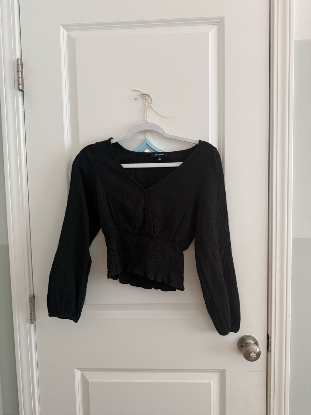 Madewell Black Smocked V-Neck Long Sleeve Blouse